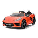 The Kids Premium 24V Orange Corvette C8 Dual-Seater features an aerodynamic body, leather seats, black EVA wheels, and a front badge. Inspired by the Corvette C8, this kids car comes with a remote control for an enhanced driving experience.