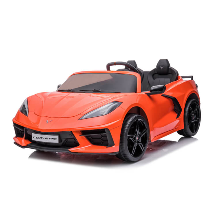 The Kids Premium 24V Orange Corvette C8 features a sleek design with black rims, EVA wheels, and leather seats. This dual-seater model includes a detailed interior, small windshield, and realistic lights, making it an ideal thrilling ride for kids.