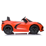 An orange dual-seater toy car, modeled after the Corvette C8, features sleek design, sporty black accents, detailed EVA wheels, and leather seats. Ideal for kids’ premium 24V adventures and includes a remote control for enhanced play.