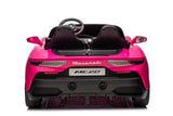 The Pink XXL 24V Maserati MC20 ride-on car features detailed taillights, dual leather seats, steering wheel, and side mirrors. Positioned on a white background, this luxury model also includes RC control and rubber tires.