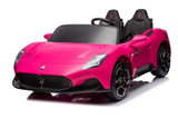 Styled after a Maserati MC20, the Experience Luxury: Pink XXL 24V/105W is a premium 2-seater ride-on vehicle featuring leather seats, rubber tires, RC control, and realistic details such as side mirrors and logos for an authentic sporty design.