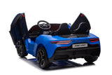 A luxurious blue XXL 24V Maserati MC20 ride-on electric car, featuring butterfly doors, black leather seats, and rubber tires. This premium 2-seater includes RC controls and visible taillights, elegantly set against a white background.