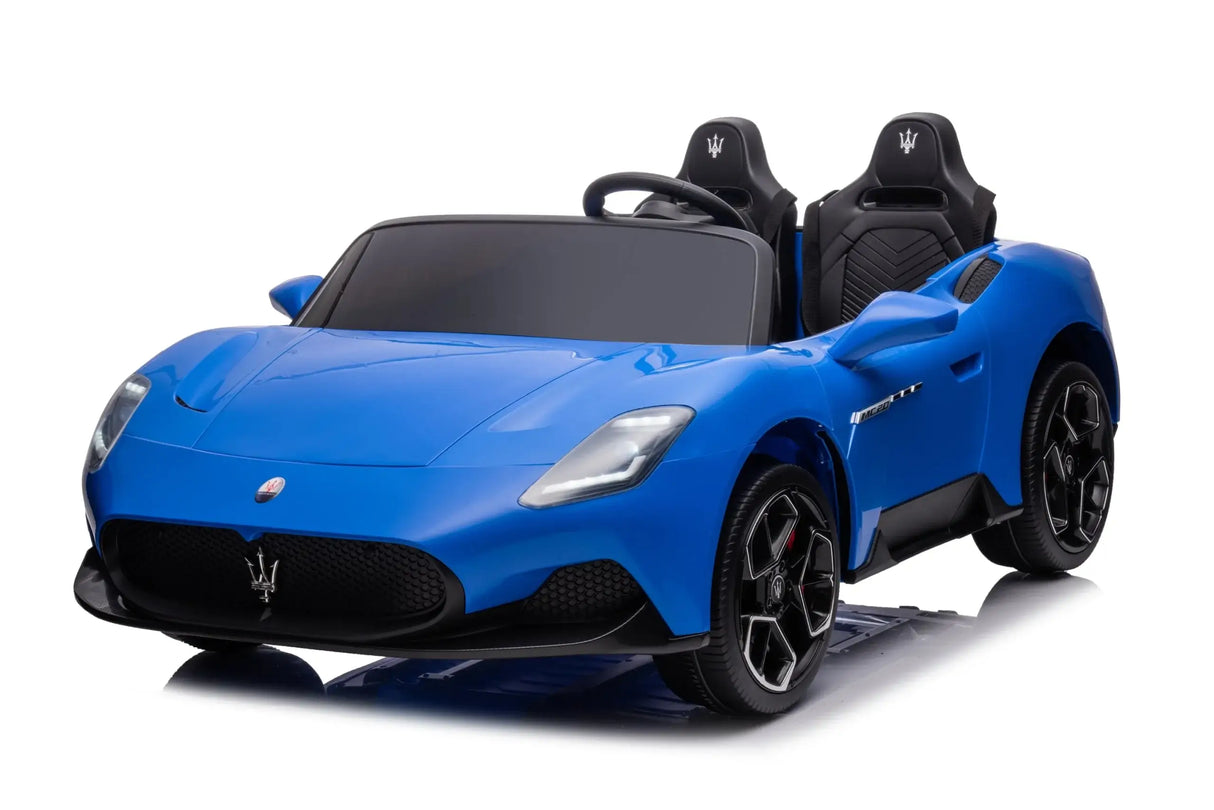 The Experience Luxury: Blue XXL 24V/105W Maserati MC20 is a premium 2-seater ride-on with leather seats, rubber tires, black detailing, and a front grille featuring the trident logo. Its aerodynamic design stands out against a white background.