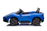 The Experience Luxury Blue XXL 24V Maserati MC20, a premium 2-seater toy car, emulates a luxury ride with leather seats and rubber tires. Featuring RC control and sleek design elements, it offers children a modern convertible experience.