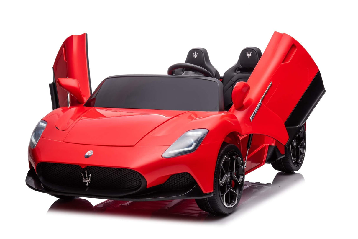 Introducing the Experience Luxury: Red XXL 24V/105W Maserati MC20, a premium ride-on childrens car. This stylish two-seater boasts an open two-door design, genuine leather seats, rubber tires, and upward lifting doors for an authentic look and feel.