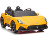 The Experience Luxury Yellow XXL 24V Maserati MC20 is a premium 2-seater ride-on with RC, leather seats, rubber tires, and a realistic design featuring the Maserati logo on the grille.