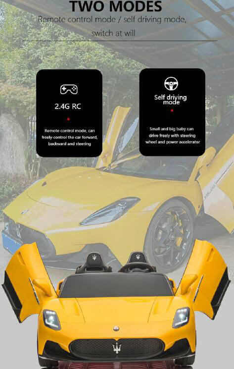 A promotional image of the yellow XXL 24V/105W Maserati MC20 toy car with open doors highlights its luxury ride-on features, including two operating modes: 2.4G RC for remote control and Self driving mode, set against a backdrop featuring this stylish premium 2-seater with leather seats and rubber tires.