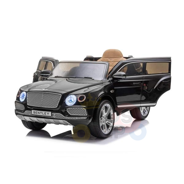 The Black Licensed Bentley Bentayga Complete Edition 12V Kids Ride-On Car features openable doors, realistic headlights, a detailed grille, and a tan interior. Resembling a luxury vehicle in miniature form, its designed for children and includes a parental remote for safety and control.