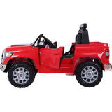 A red toy truck with an open drivers side door, featuring large wheels and a black interior. It appears to be an off-road style vehicle with a realistic design, shown in profile on a white background.
