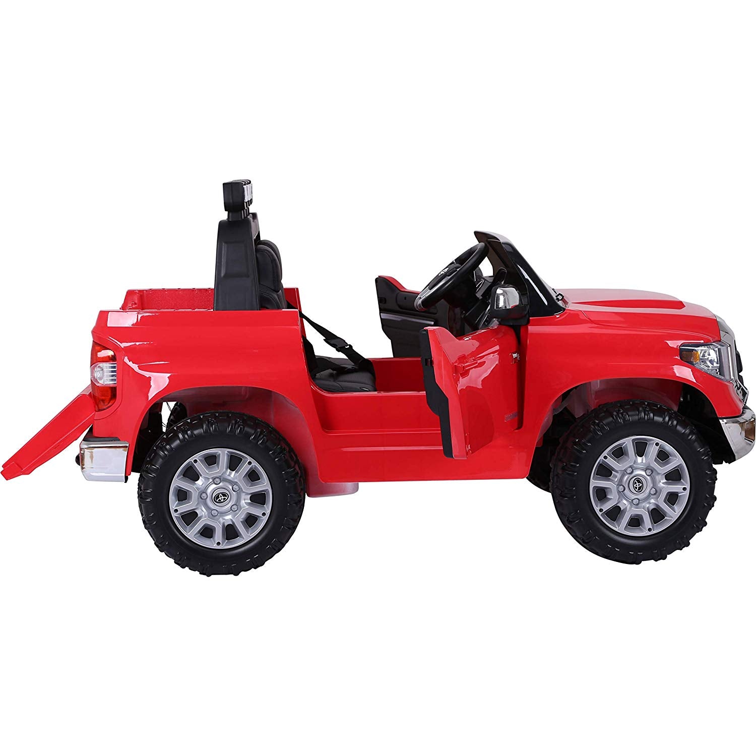 The upgraded Eva Edition is a Red 12v Licensed Toyota Tundra, 2 Seater Kids Ride On Truck, RC. It has large wheels, silver rims, and a black interior. The working doors (one open) reveal the truck bed and lowered gate.