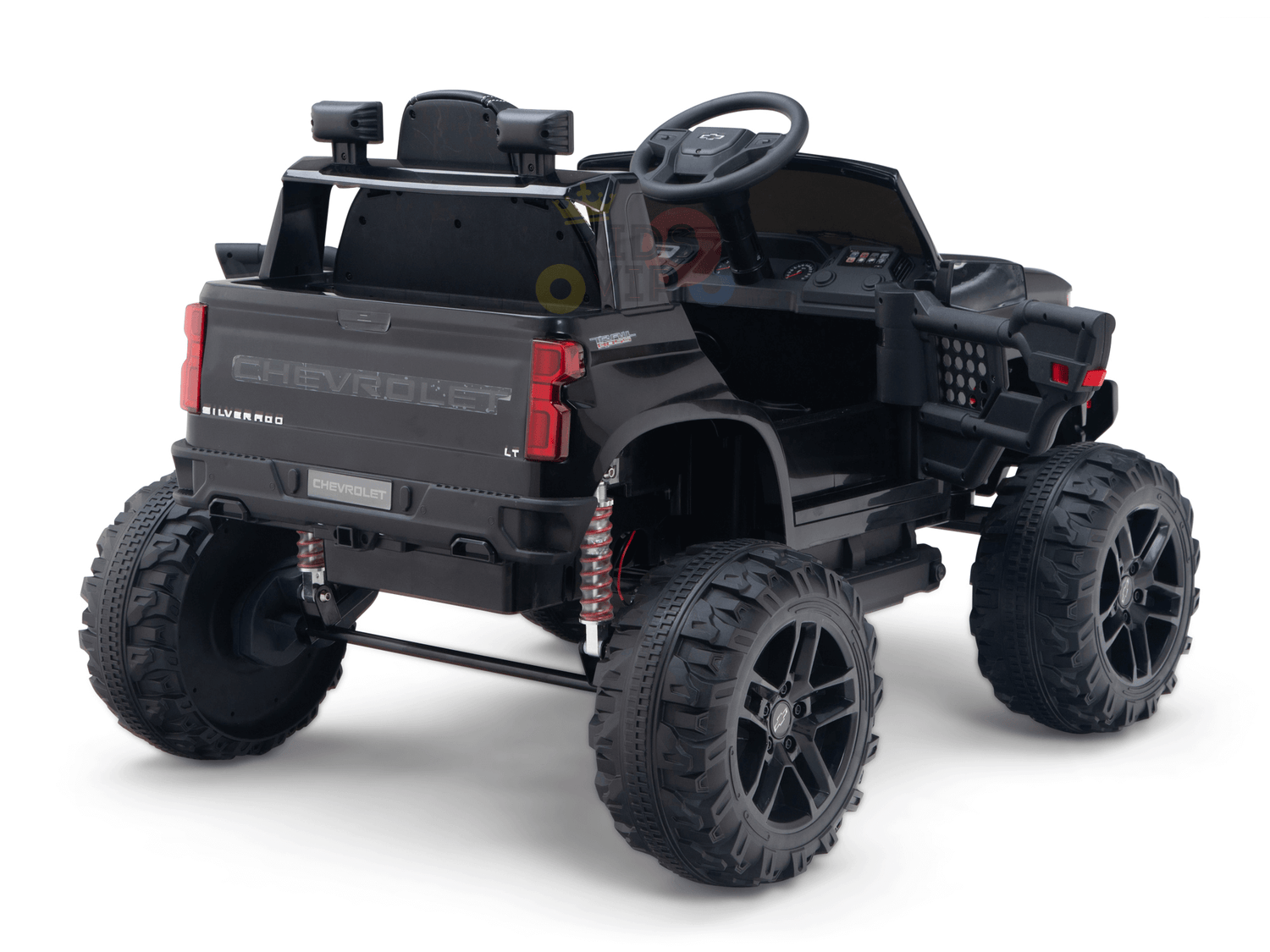 A Black Official 24V Chevrolet Silverado Lifted Kids Ride-on Truck features large off-road wheels, a detailed interior, visible rear branding, and is showcased at an angle highlighting the back and side.