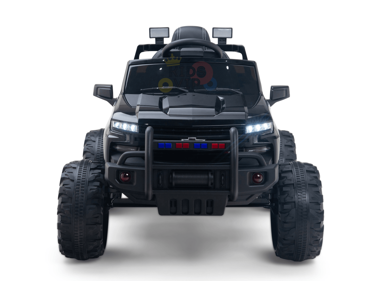 The Black Official 24V Chevrolet Silverado Lifted Kids Ride-on Truck features large rugged tires, LED headlights, police-style red and blue front grille lights, colorful windshield stickers, and is battery-powered for adventurous play.