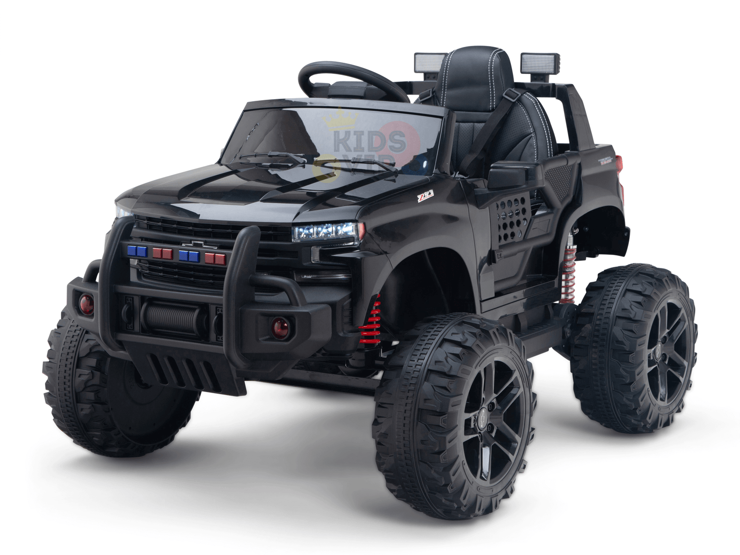 The Black Official 24V Chevrolet Silverado Lifted Kids Ride-on Truck features large wheels, headlights, and a steering wheel. It includes red suspension springs and intricate details that mimic an off-road vehicle, with the KIDS text faintly visible on the windshield.