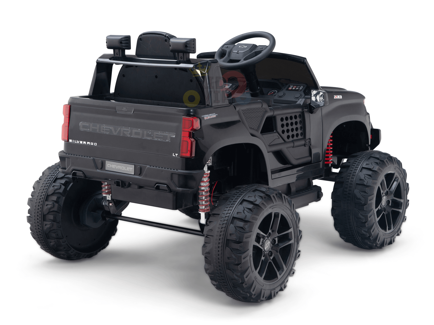 The Black Official 24V Chevrolet Silverado Lifted Kids Ride-on Truck features large rugged wheels, detailed dashboard, realistic detailing, off-road suspension springs, and is powered by a 24V battery for an authentic driving experience.