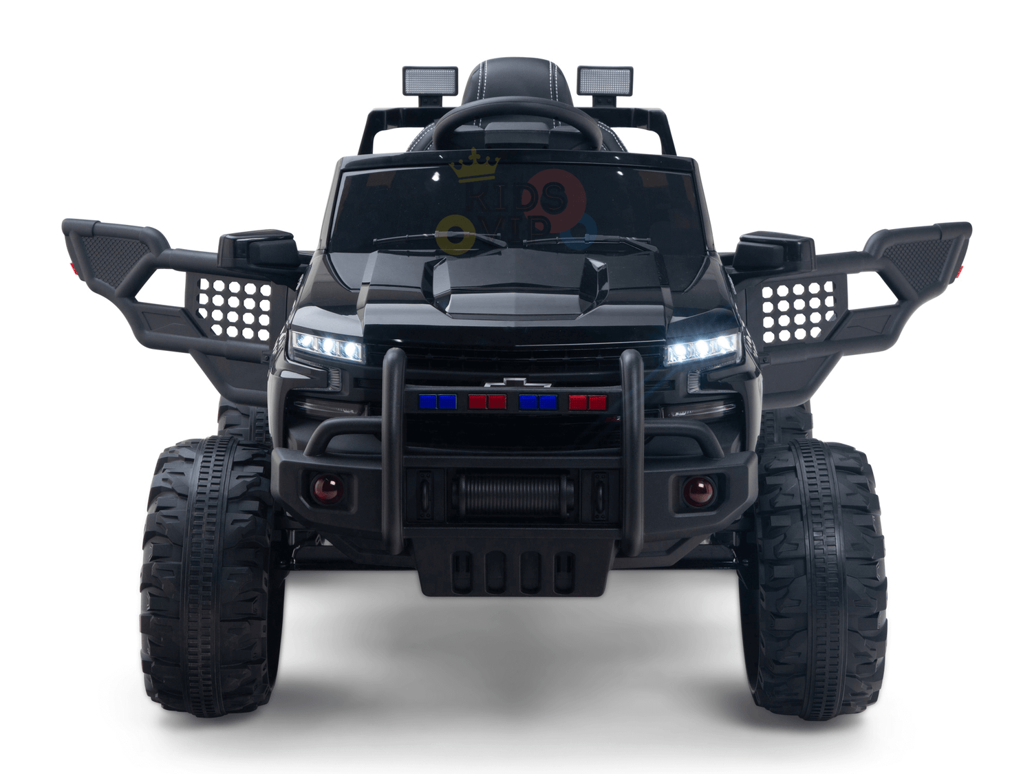 The Black Official 24V Chevrolet Silverado Lifted Kids Ride-on Truck is styled like an off-road vehicle, featuring oversized wheels, open side doors, LED headlights, a front grill, and red and blue bumper lights for a rugged look.