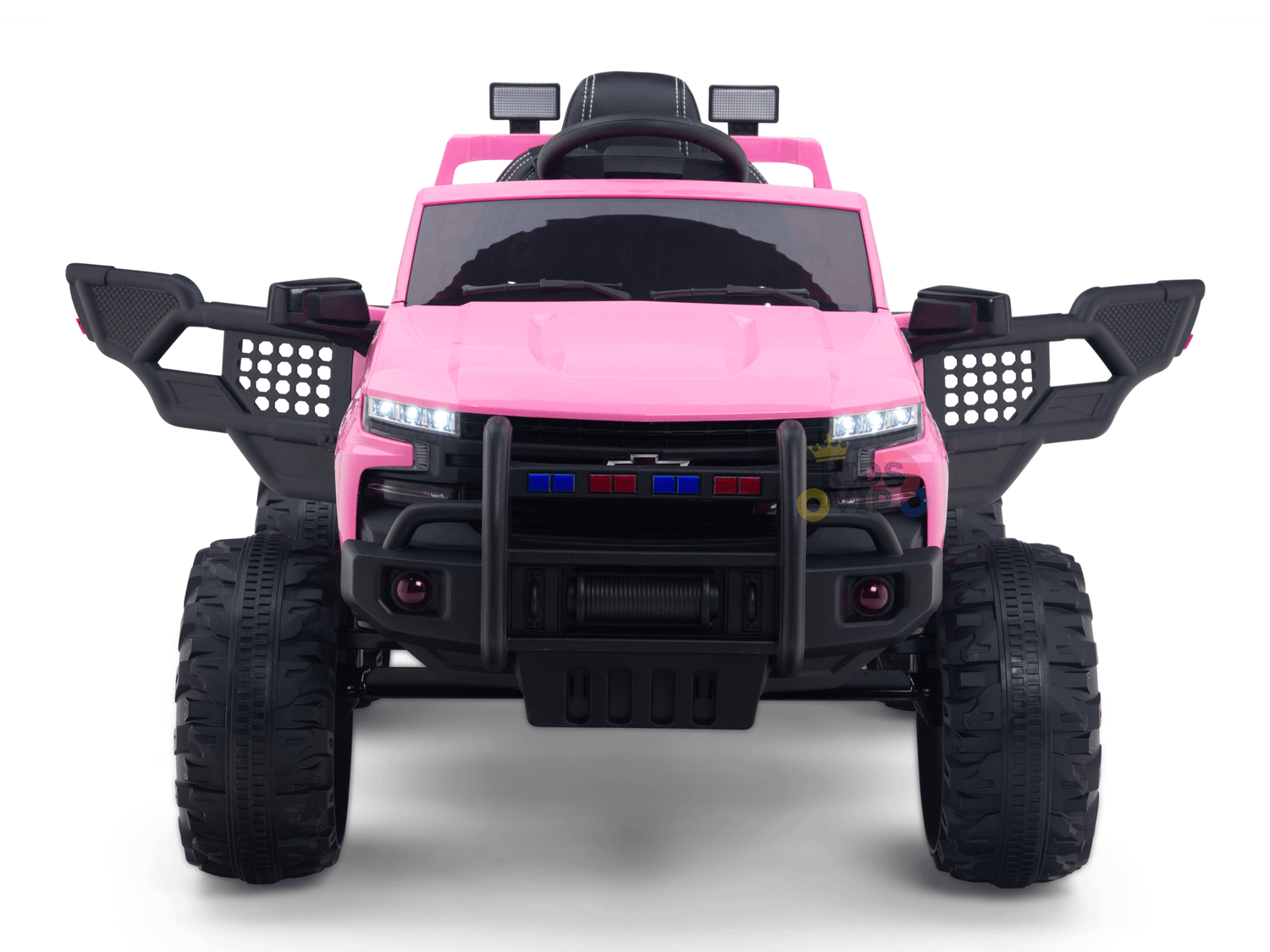 The Pink 24V Chevrolet Silverado Kids Licensed Ride-On Truck, styled like an SUV, features large black wheels, grille, headlights, side mirrors, a steering wheel, and a seat for thrilling adventures.