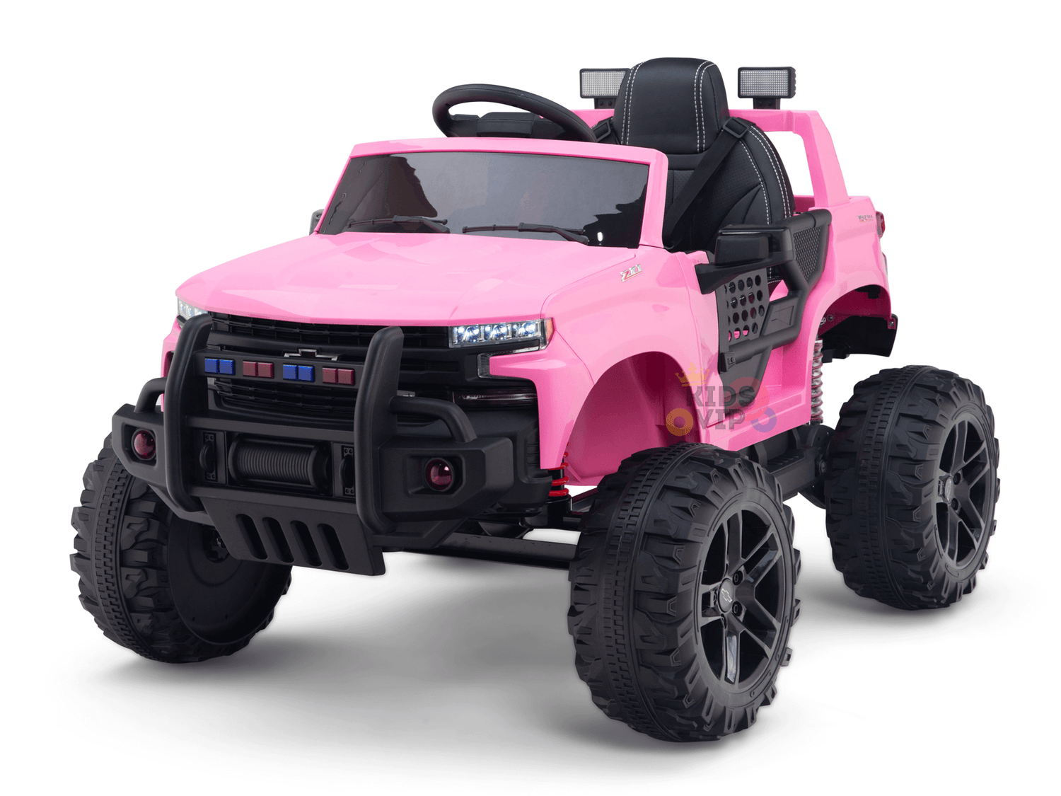 This Pink 24V Chevrolet Silverado Kids Licensed 1-Seater Ride On Lifted Truck features off-road style with large black tires, black seats, and blue and red lights on the front grill, offering little drivers an adventurous ride.