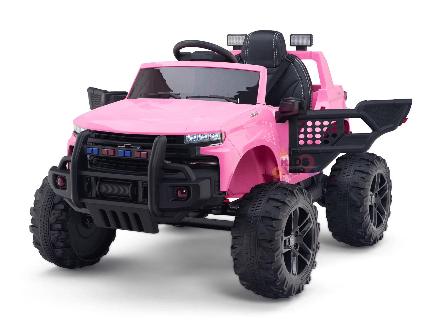 The Pink 24V Chevrolet Silverado Kids Licensed 1 Seater Ride On Lifted Truck with Remote is designed for young adventurers, featuring large black wheels, a front grill guard, realistic headlights, and a steering wheel. Its sturdy like an off-road vehicle, promising endless fun for your child.