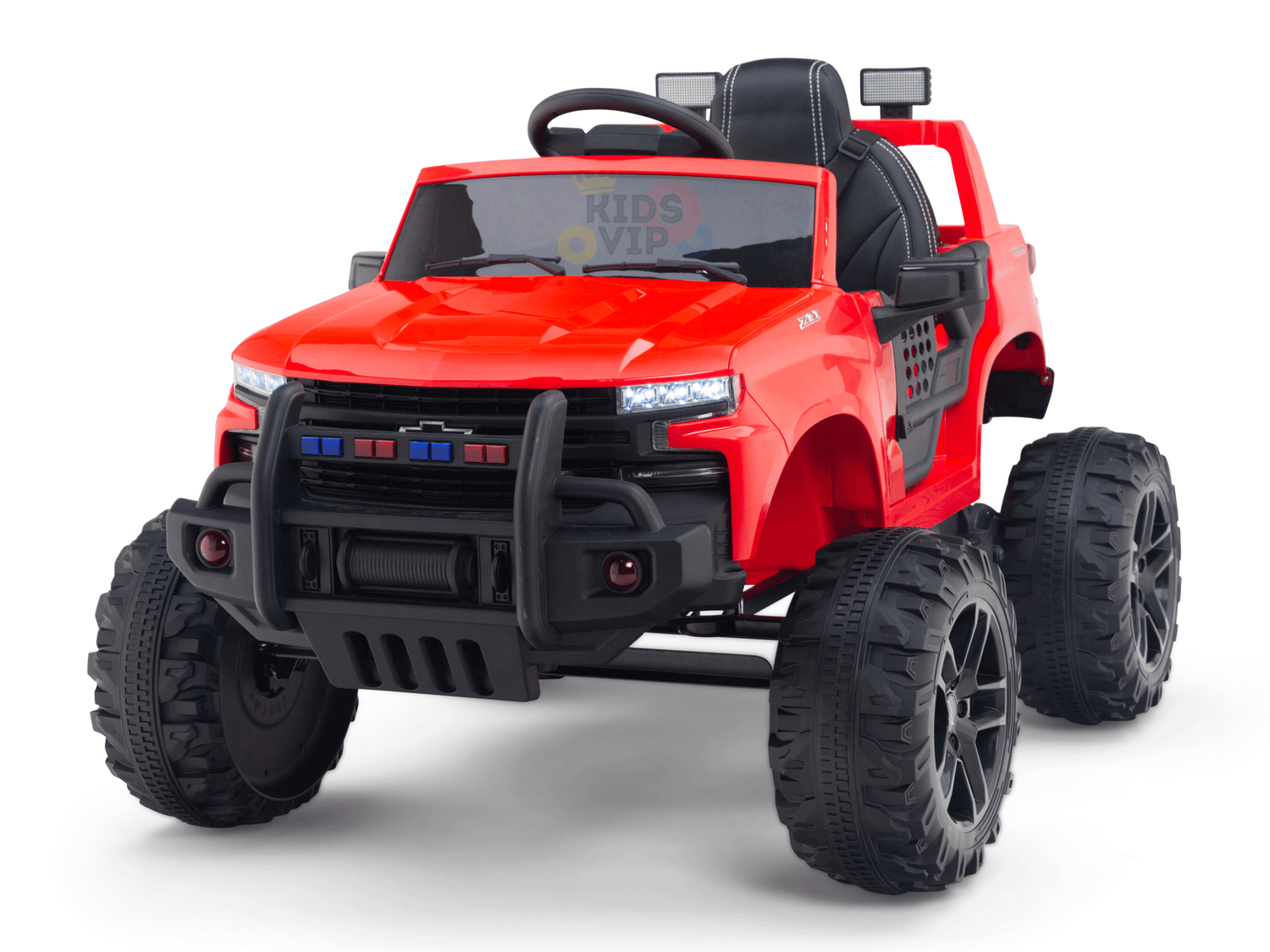 The Red 24V Chevrolet Silverado Kids Licensed 1 Seater Ride-On Lifted Truck features oversized black wheels, a front grille, realistic headlights, side mirrors, and a steering wheel. The open-top design includes a KIDS VIP logo on the windshield and comes with a remote control.