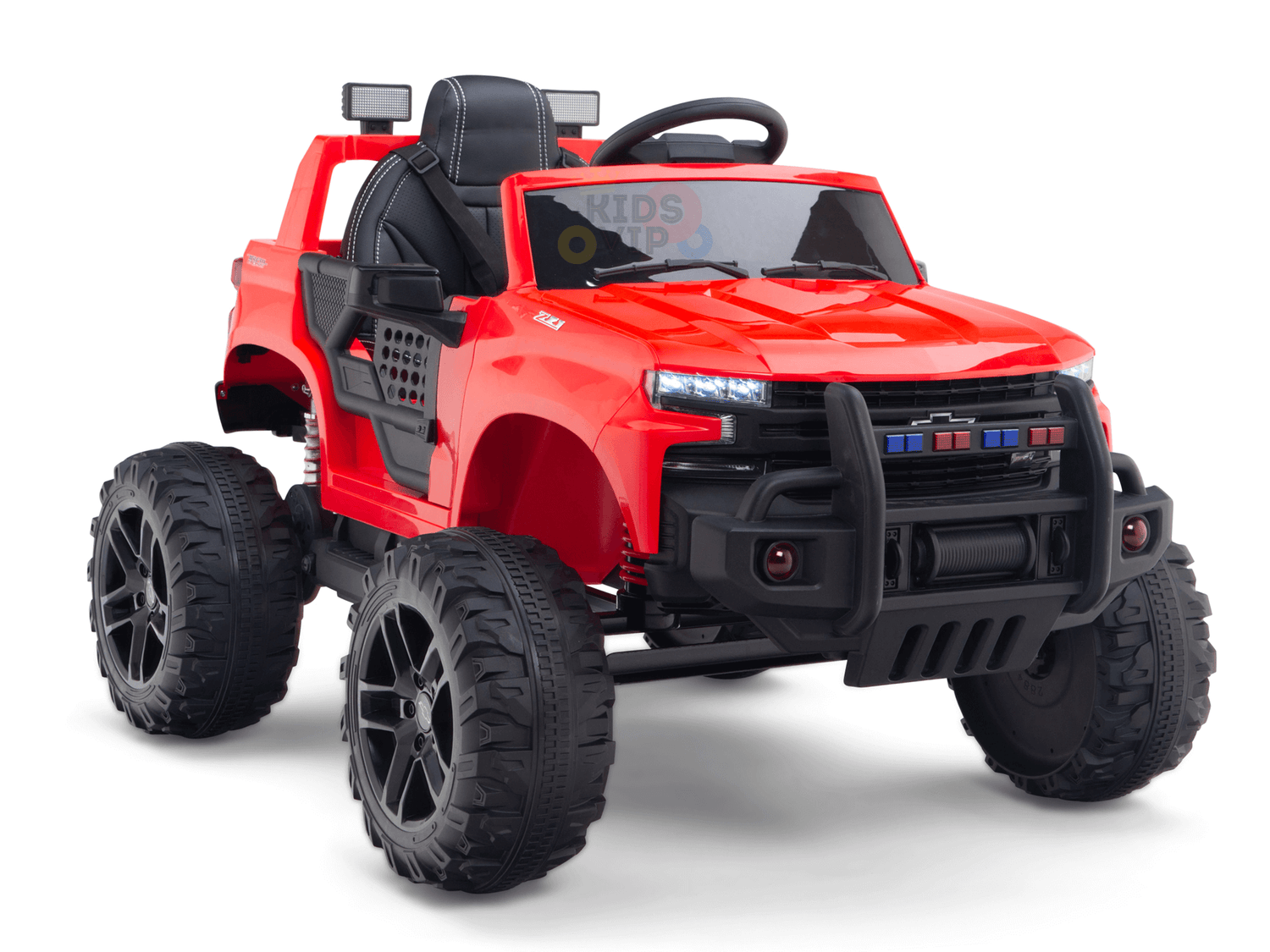 The Red 24V Chevrolet Silverado Kids Licensed 1 Seater Ride On Lifted Truck with Remote features oversized black tires, mirrors, and headlights. This toy ride-on mimics a rugged SUV with its sturdy build and comfortable black seat, perfect for kids.