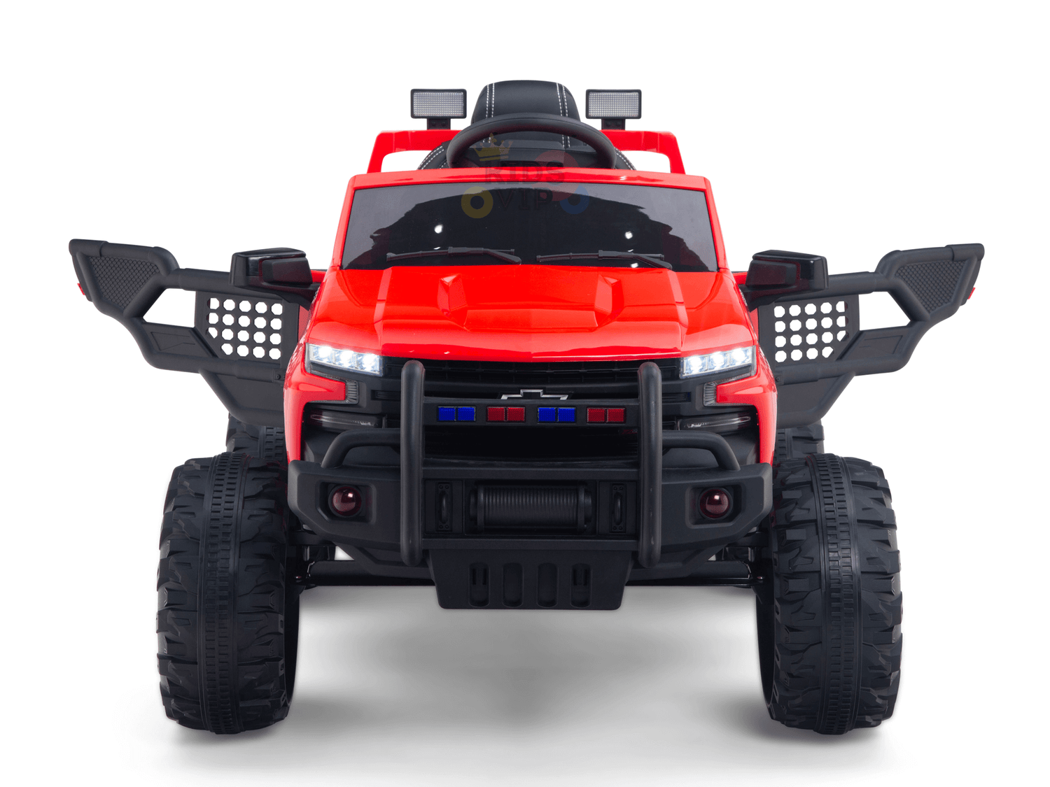 The Red 24V Chevrolet Silverado Kids Licensed 1 Seater Ride On Lifted Truck with Remote features oversized wheels, black accessories like a grill guard and side mirrors, openable doors with a steering wheel inside, and front LED lights alongside police-style blue and red lights.