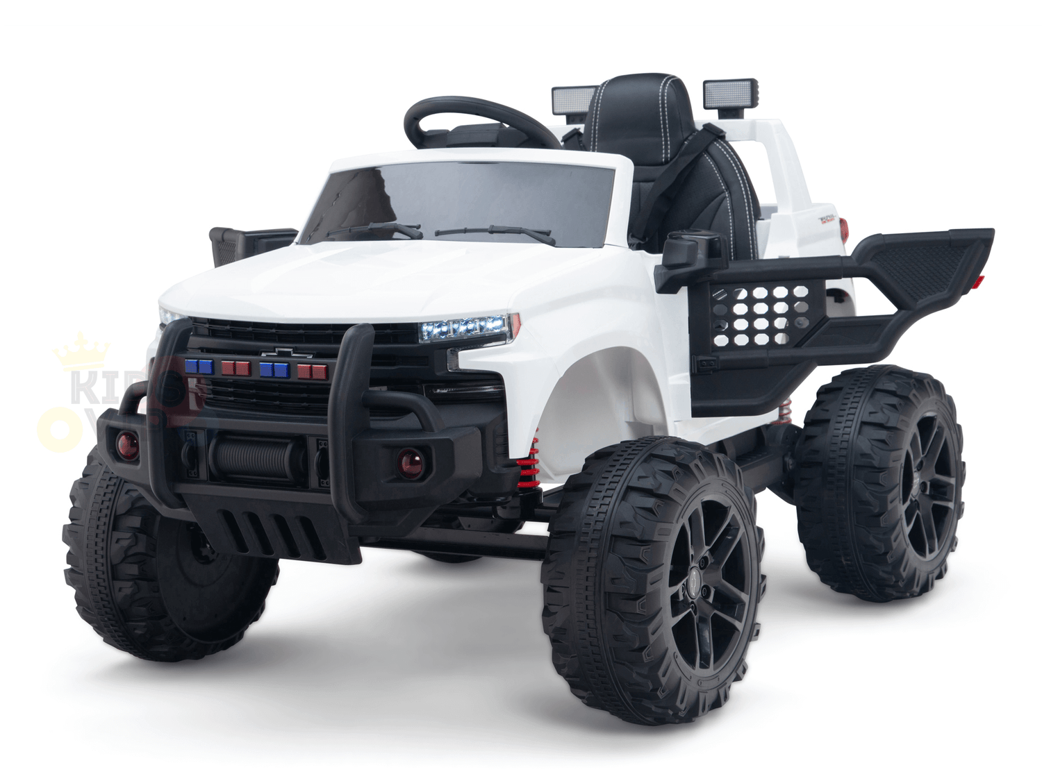 The White 24V Chevrolet Silverado Kids Licensed 1 Seater Ride On Lifted Truck with Remote features oversized wheels, black accents, front lights, and a realistic design with a steering wheel and seat. Its parked against a plain white background.
