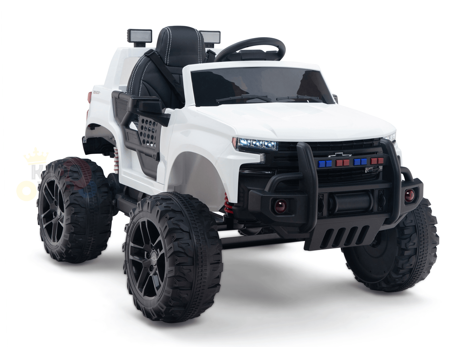 The White 24V Chevrolet Silverado Kids Licensed Ride-On Truck features an off-road design with oversized wheels, a steering wheel, front lights, and a protective grill. This one-seater offers a realistic mini Chevrolet Silverado experience for adventurous young drivers.