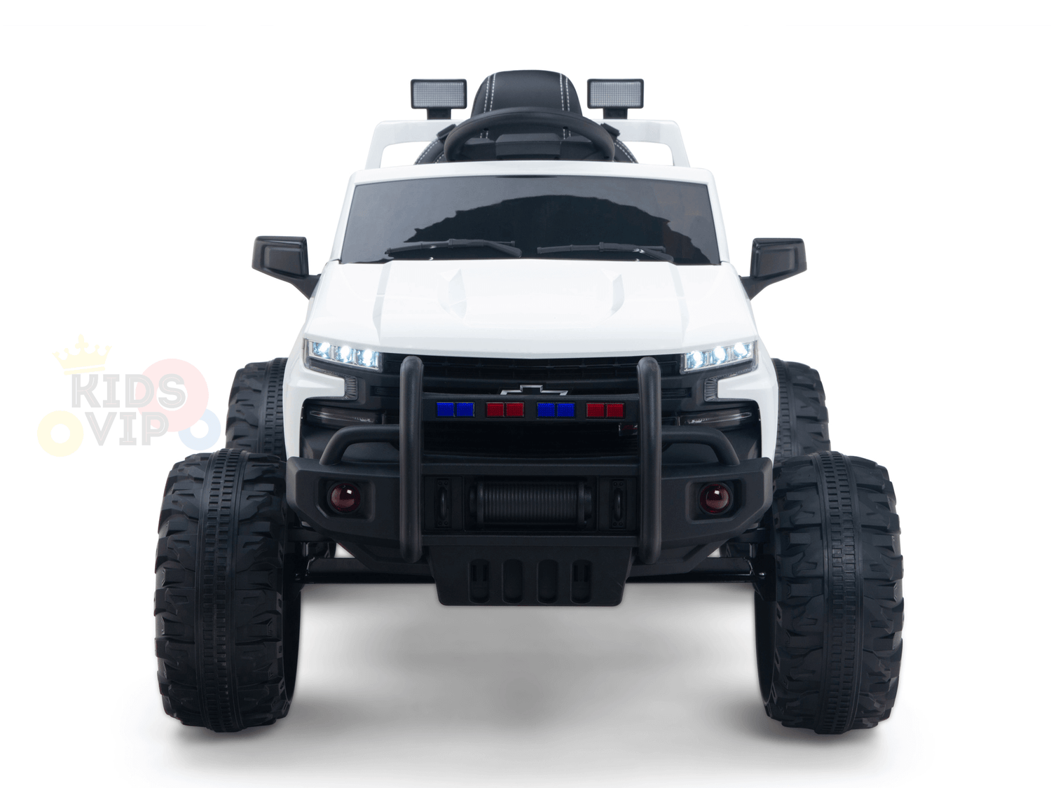 The White 24V Chevrolet Silverado Kids Licensed 1 Seater Ride On Lifted Truck with Remote features oversized black tires, police lights on the grille, a Kids VIP logo, roll bar, side mirrors, and roof lights—a perfect miniature SUV in white.