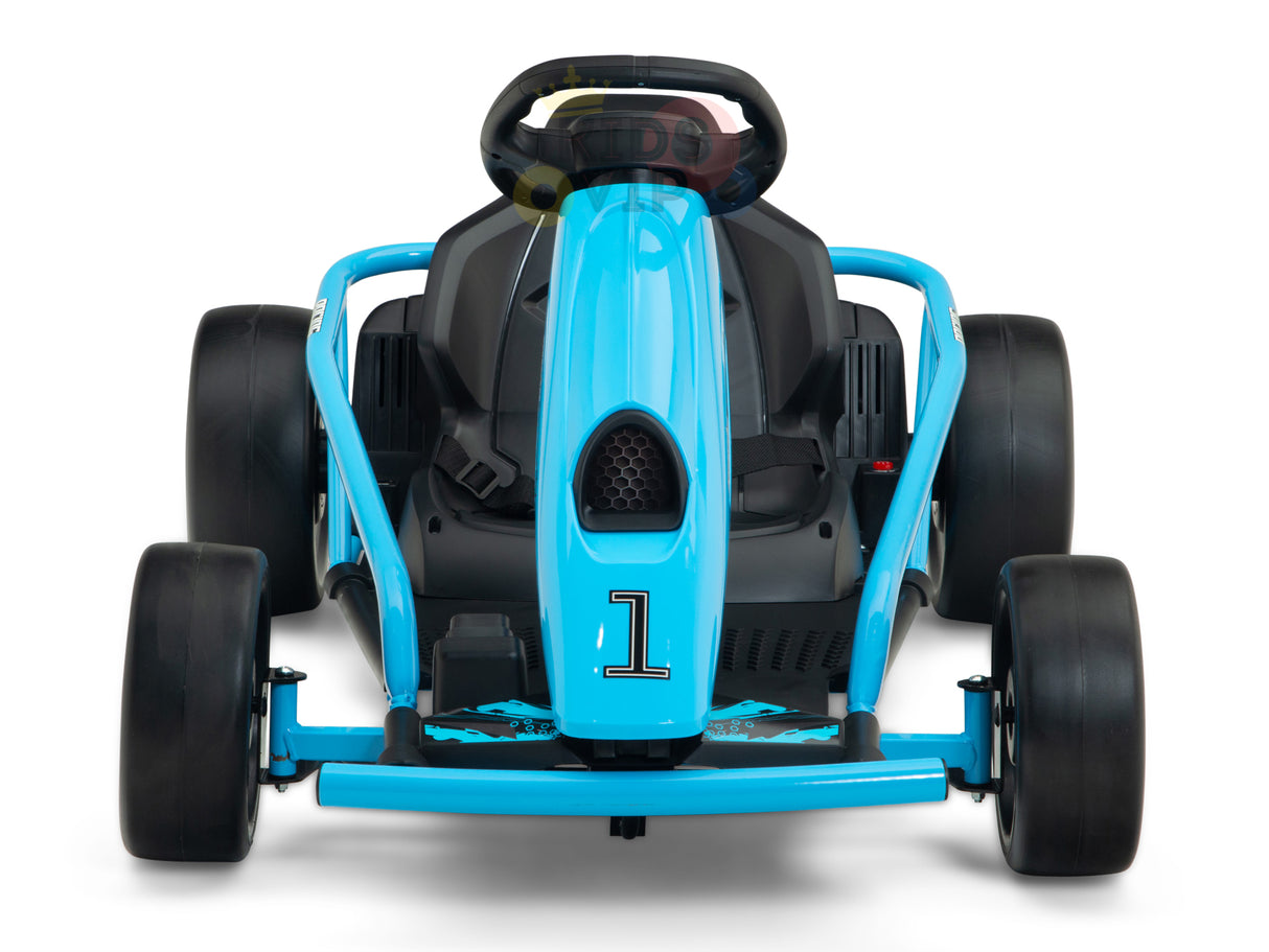 The Blue 24V Sport Challenger Outdoor Drifting Kids Go Kart features a front view with wide black tires, large number 1 on the panel, a sleek design, black seat, and steering wheel. Its powered by strong 24V motors, perfect for children or beginners.