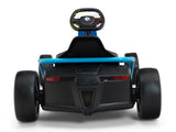 The Blue 24V Sport Challenger Outdoor Drifting Kids Go Kart has a futuristic black and blue design with large wheels, a steering wheel, and minimalistic features with red detailing on the rear, powered by 24V motors for an exhilarating ride.