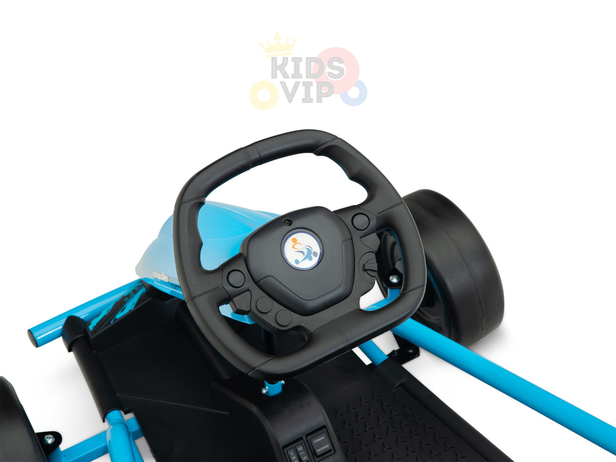 A close-up of the Blue 24v Sport Challenger Outdoor Drifting Kids Go Kart shows its penguin-graphic steering wheel and seat. The visible front wheels and seating area highlight its powerful 24V motors for an exciting ride.