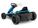 The Blue 24v Sport Challenger Outdoor Drifting Kids Go Kart features a sleek design in blue and black with four wheels, a steering wheel, and a sturdy frame. Ideal for children, it includes an adjustable seat for comfort and proudly displays the brand logo on the front.