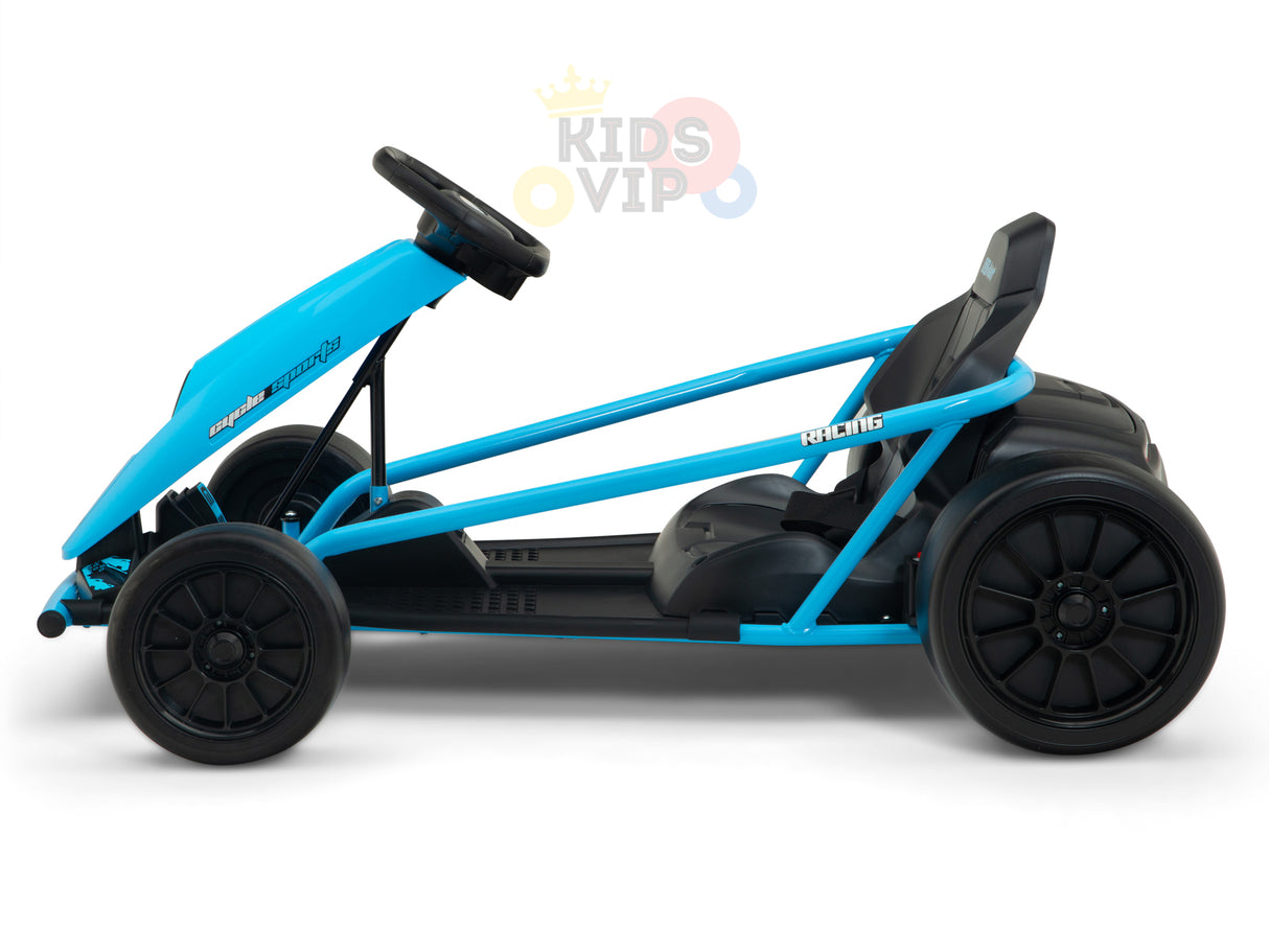 The Blue 24V Sport Challenger Outdoor Drifting Kids Go Kart features black wheels, Richis branding, 24V motors, a steering wheel linked to the front wheels, a comfy seat with backrest, and a sturdy frame. Its sleek design is highlighted against a plain white backdrop.