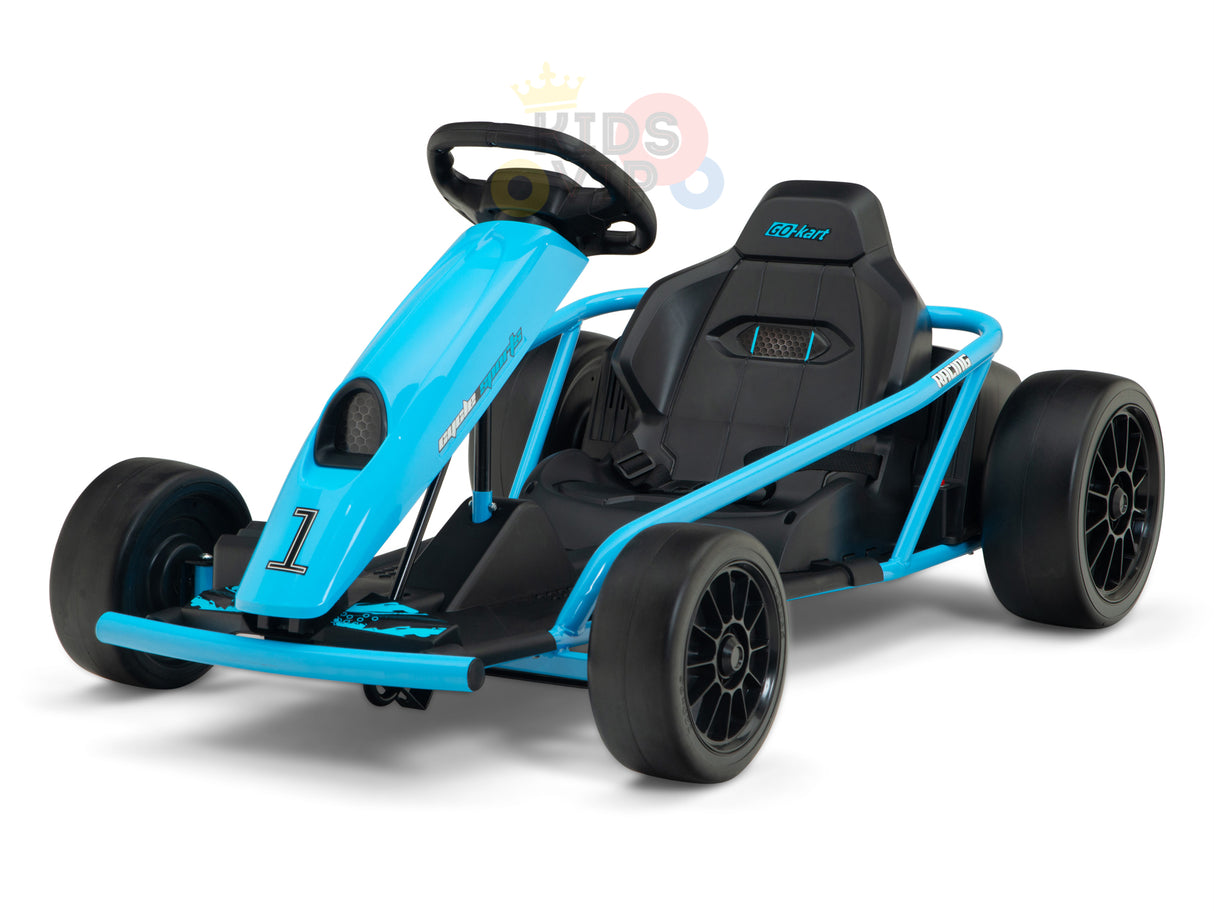 The Blue 24v Sport Challenger Outdoor Drifting Kids Go Kart features a sporty design with four wheels, a steering wheel, black seat, and visible pedals. The number 1 adorns the front for an exciting drift kart experience.