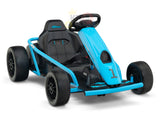 The Blue 24V Sport Challenger Outdoor Drifting Kids Go Kart boasts a black seat, four large tires, and a steering wheel. Its bright blue color and aerodynamic lines with the number 1 on the front panel make it perfect for thrilling drift kart action.