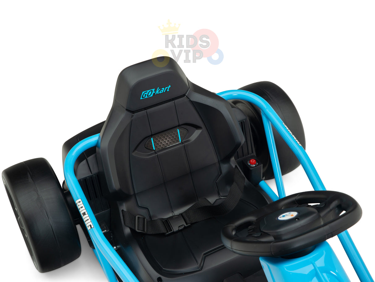 The Blue 24V Sport Challenger Kids Go Kart by GO Kart features a padded seat, steering wheel, wide tires, sturdy tubular frame, 24V motors, and the KIDS VIP logo behind the seat.