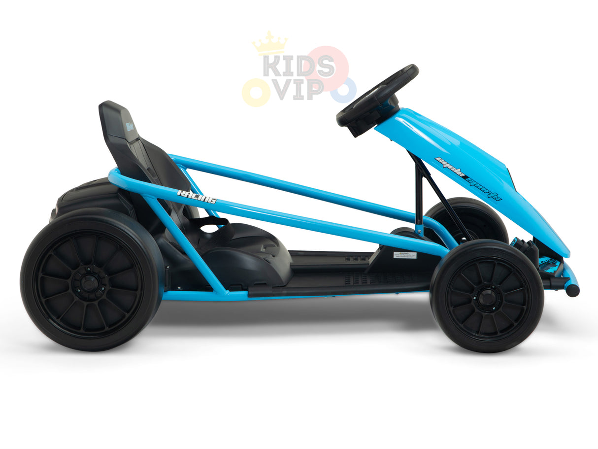 Side view of the Blue 24v Sport Challenger Outdoor Drifting Kids Go Kart with black wheels, steering wheel, and sleek minimalist metal frame featuring a black seat. The KidsVIP logo appears in the background, highlighting its exciting drift capabilities powered by 24V motors.