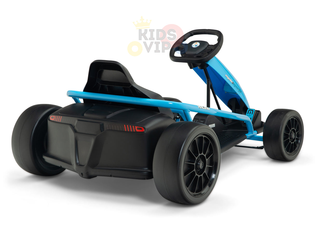 The Blue 24V Sport Challenger Outdoor Drifting Kids Go Kart is shown from the rear angle, showcasing its sleek design with a raised black seat, steering wheel, and four wheels. The brand logo is visible, promising an exciting drive.