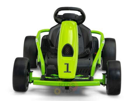 The Green 24V Sport Challenger Outdoor Drifting Kids Go-Kart is shown from the front, featuring a vibrant green frame with a black seat and steering wheel, sleek design, thick black tires, and sporty number 1 on the front panel.