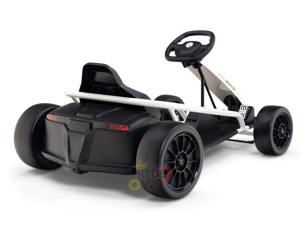 Displayed from the rear, the 24v Sport Challenger Outdoor Drifting Kids Go Kart boasts a sleek, modern black-and-white design. It features large black wheels, a streamlined body, and a visible steering wheel, set against a plain white background ready for action.