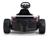 The rear view of the 24v Sport Challenger Outdoor Drifting Kids Go Kart shows a black design with large wheels and a steering wheel. It features sleek race car aesthetics, red taillights, and is set against a white background, perfect for adventurous youngsters.