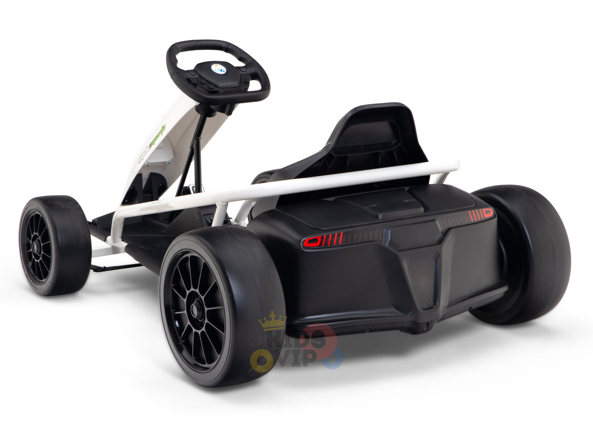 A rear-angle view of the 24V Sport Challenger Outdoor Drifting Kids Go Kart shows its black body and white frame with a racing-style steering wheel, sleek design, wide tires, and red accents resembling taillights—perfect for adventurous kids.