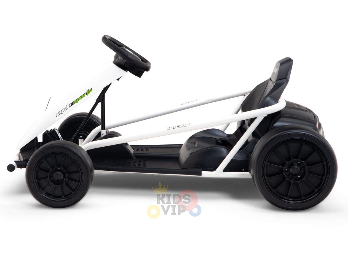 The side view of the 24V Sport Challenger Outdoor Drifting Kids Go Kart showcases its black wheels, low seat, and steering wheel. The white karts minimalist design is ideal for kids, featuring the playful Kids VIP logo in the background.