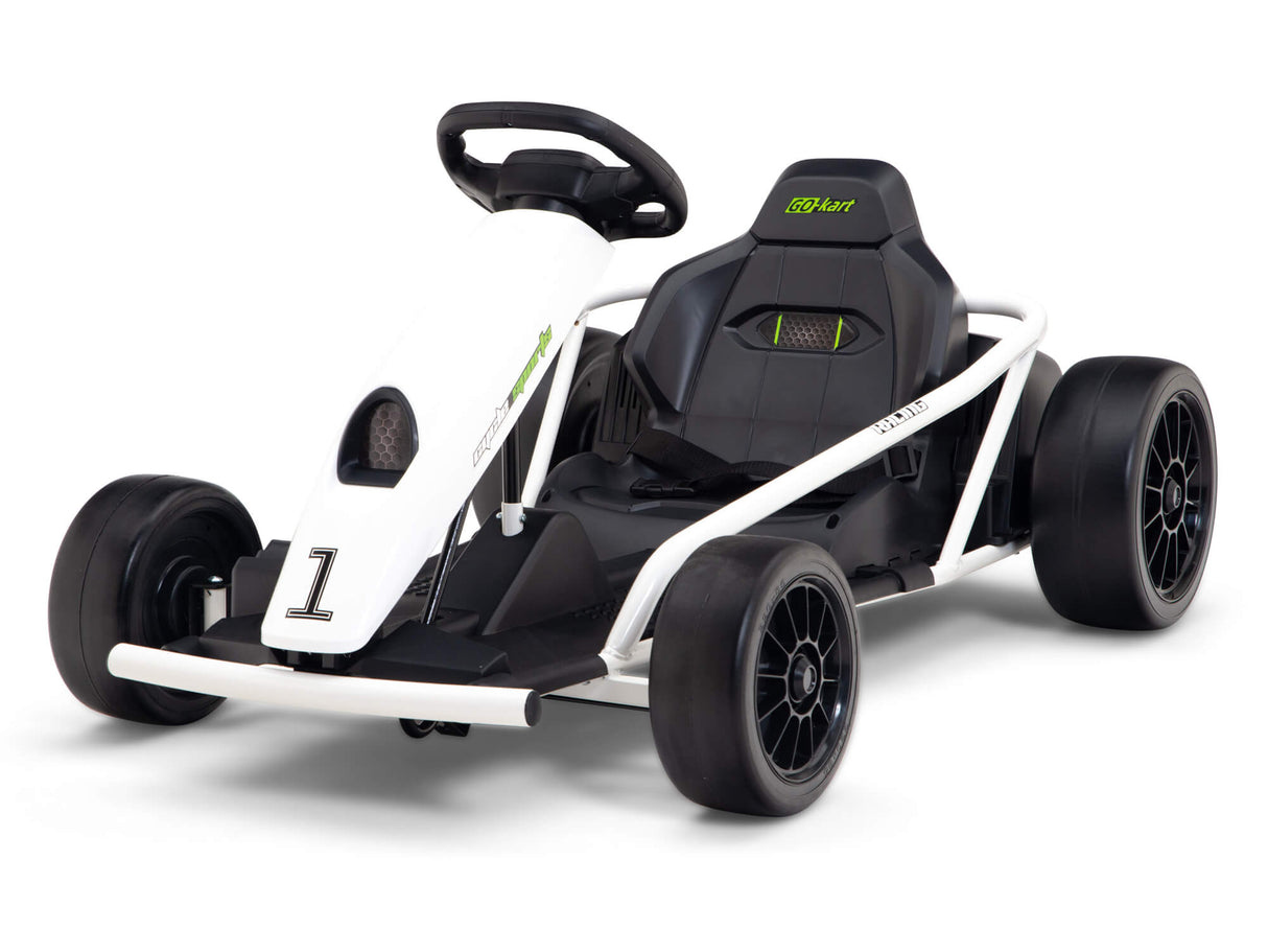 The 24v Challenger Go Kart for kids combines a sleek design with durable black rear wheels and a steering wheel. Featuring the number 1 on the front, it offers a comfortable seat with black and green accents, showcasing a sturdy frame for adventurous rides.