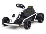 The 24v Sport Challenger Outdoor Drifting Kids Go Kart is a stylish, white electric kart featuring a black seat and wheels, a number 1 on the front, and a robust metal frame. Its top-positioned steering wheel makes it perfect for young thrill-seekers.