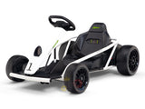 Introducing the 24v Sport Challenger Outdoor Drifting Kids Go Kart, a sleek white and black pedal kart for young racers. It boasts a racing-style seat, steering wheel, four large tires, and a bold 1 on its frame for flair. Perfect for adventurous kids!.