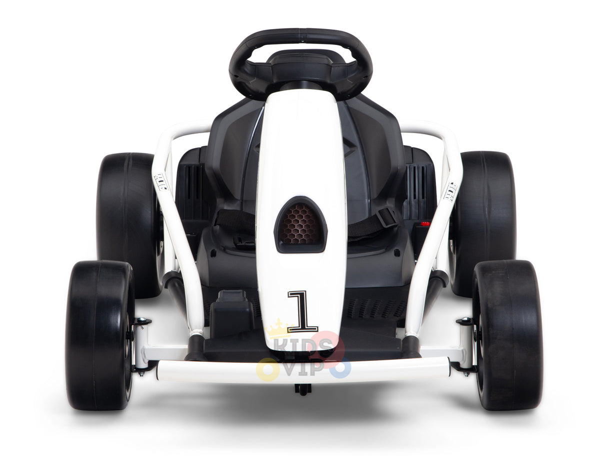 The 24v Sport Challenger Outdoor Drifting Kids Go Kart is seen from the front with a white body, visible black seat, steering wheel, and large black wheels. The number 1 is prominently displayed on its frame, highlighting its sporty design for young racers.