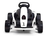 Front view of a white 24v Challenger Go Kart with the number 1 on it. This kids kart features black tires, a black seat, and sturdy rear wheels with a sporty design, all set against a plain white background.