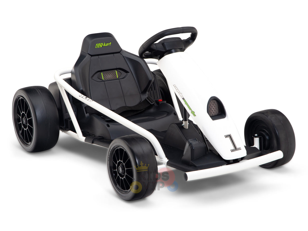 The 24V Sport Challenger Outdoor Drifting Kids Go Kart features a sporty, minimalistic frame in white and black with the number 1 on the front. It includes a black seat, green accents, a steering wheel, and large black tires—ideal for kids seeking an exhilarating ride.