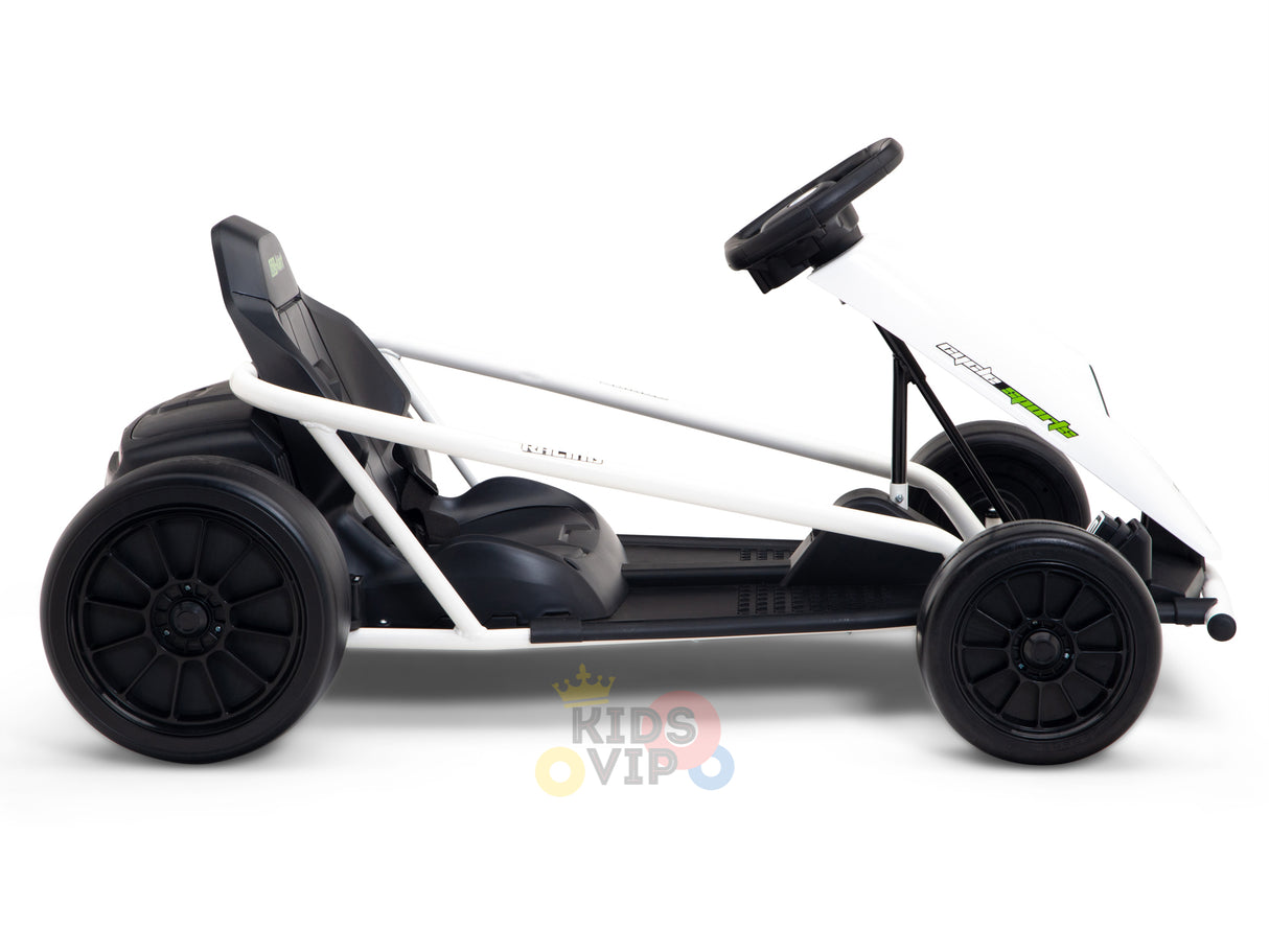 A white 24v Sport Challenger Outdoor Drifting Kids Go Kart featuring a sleek design, black wheels, and a minimalist frame. Its ergonomic seat and centered steering wheel complement the KIDS VIP logo beneath.